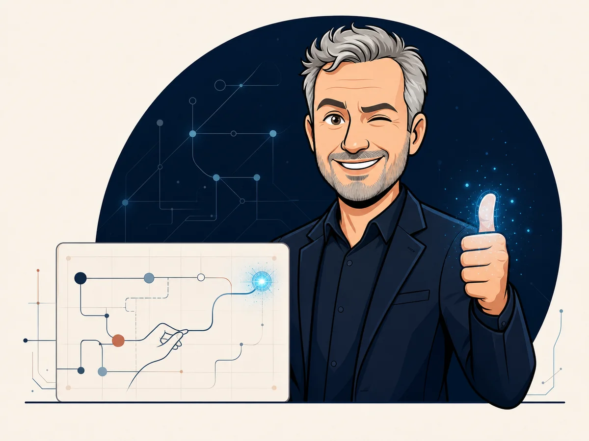 Editorial illustration of René winking beside a human-guided architecture and AI decision pathway.